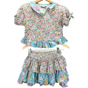 Mousefeathers Vintage Bright Floral Print Tiered Skirt Ruffled Collar 10 Girl